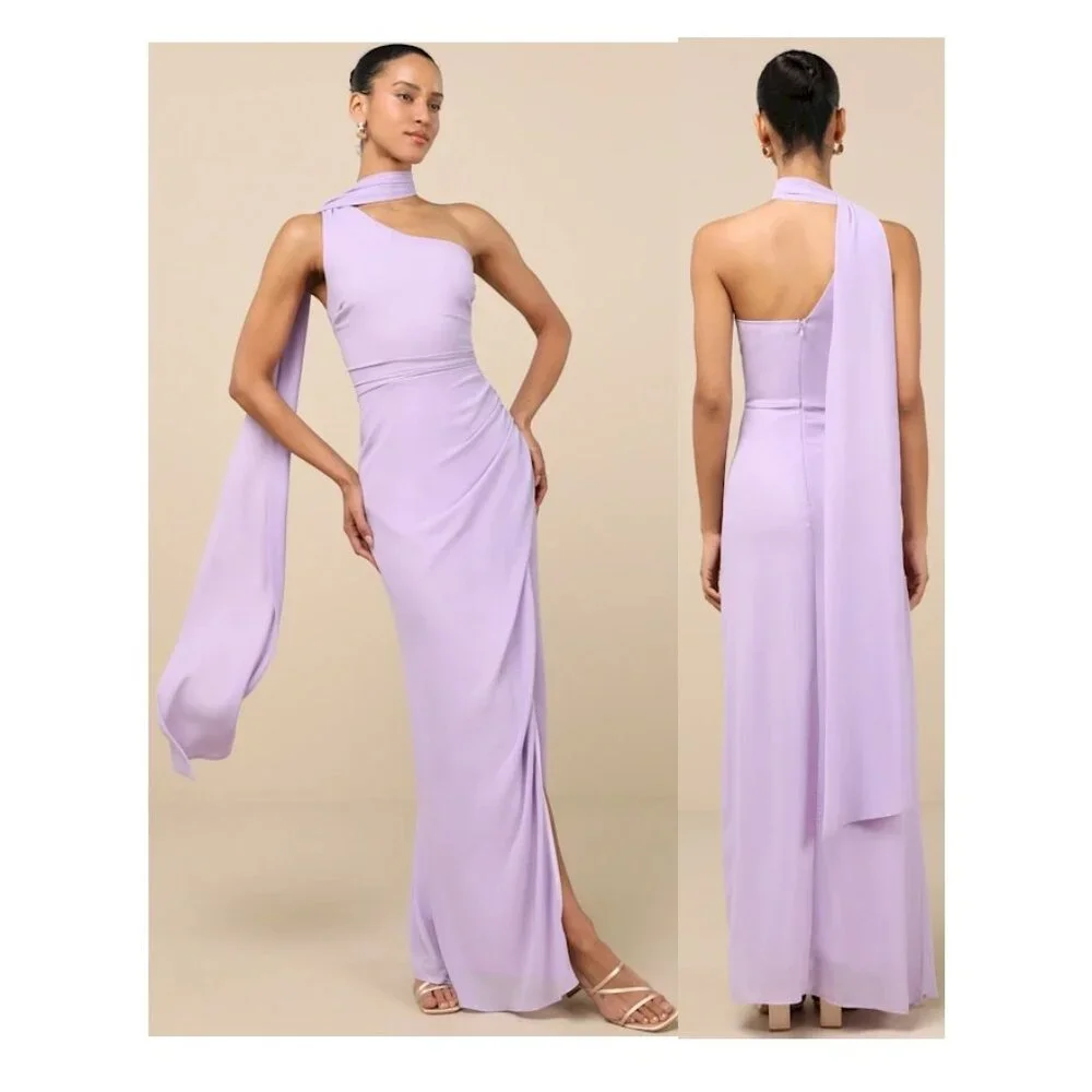 Lulus Adeline Lavender One-Shoulder Scarf Maxi Dress Size XS New NWT